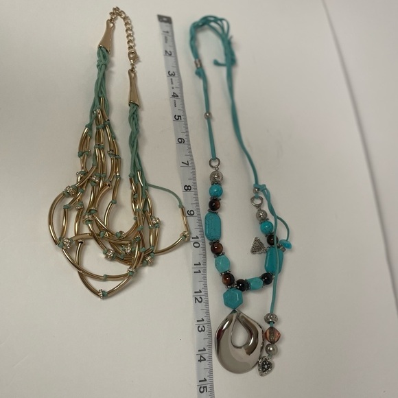 Leather and faux turquoise necklace duo, one gold, one silver. - Picture 3 of 3